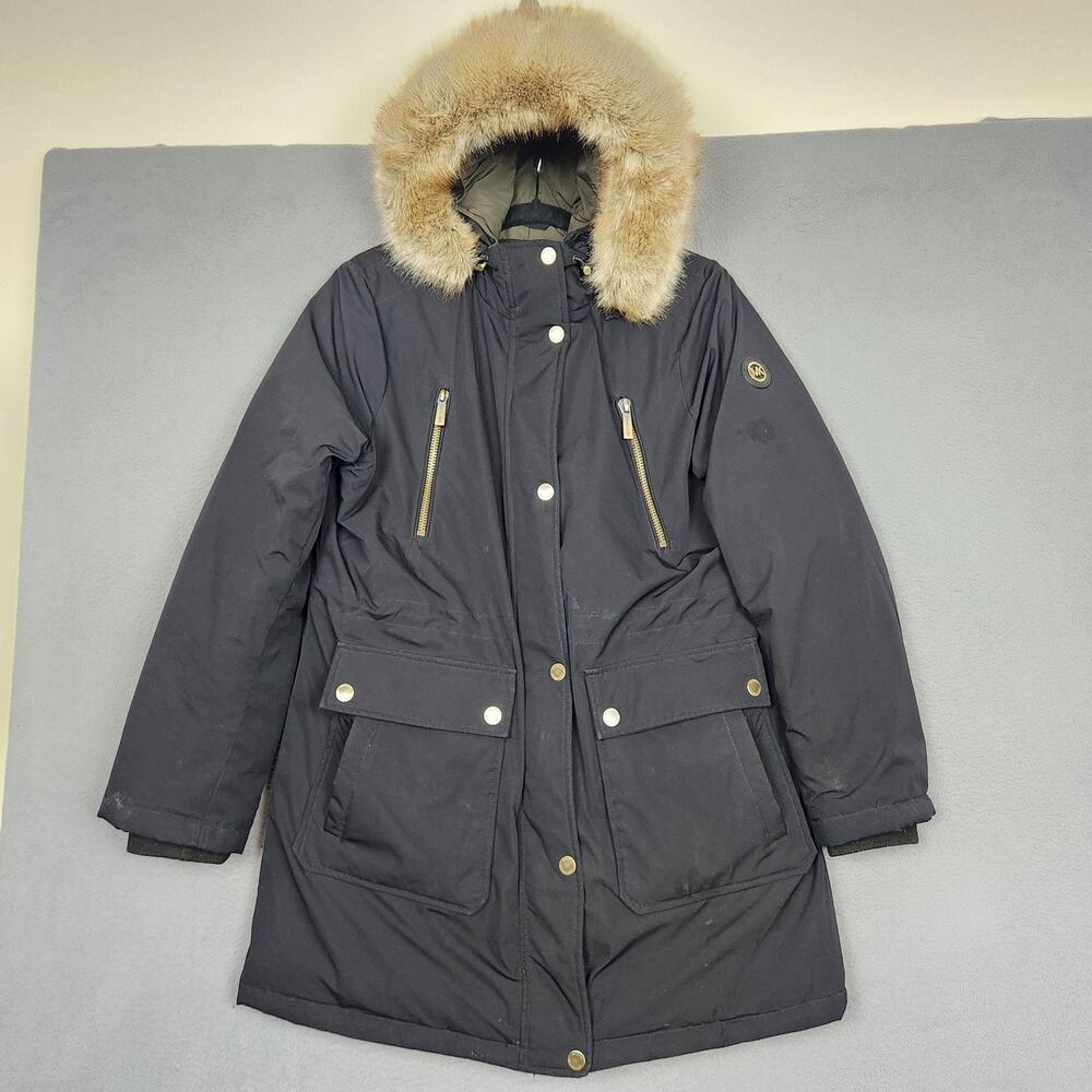 Michael Michael Kors Coat Womens Large Black Down Puffer Faux Fur Hood Parka